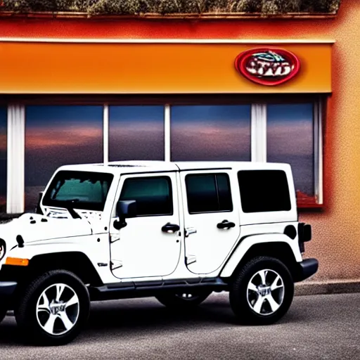 Prompt: Abstract Jeep Wrangler inspired by Italian pizza sauce, in front of a pizza shop in Italy, 4k photography