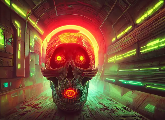 Image similar to a futuristic skull with glowing eyes and a wormhole tunnel, cyberpunk art by dan mumford, behance contest winner, computer art, darksynth, synthwave, rendered in cinema 4 d
