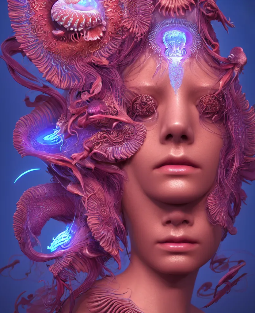 Image similar to goddess close-up face portrait. chimera orchid jellyfish phoenix head, nautilus, skull, betta fish, bioluminiscent creatures, intricate artwork by Tooth Wu and wlop and beeple. octane render, trending on artstation, greg rutkowski very coherent symmetrical artwork. cinematic, hyper realism, high detail, octane render, 8k