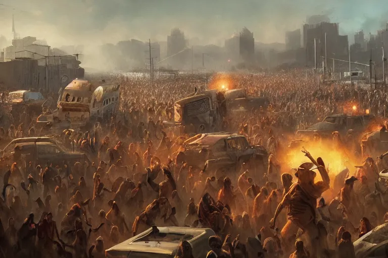 Image similar to a crowd zombies having a tailgate party, matte painting, long shot, concept art, wide shot, digital art, trending on artstation, 4 k, extremely detailed, realistic, midday, warm colors, golden sunlight, by greg rutkowski, cinematic, epic