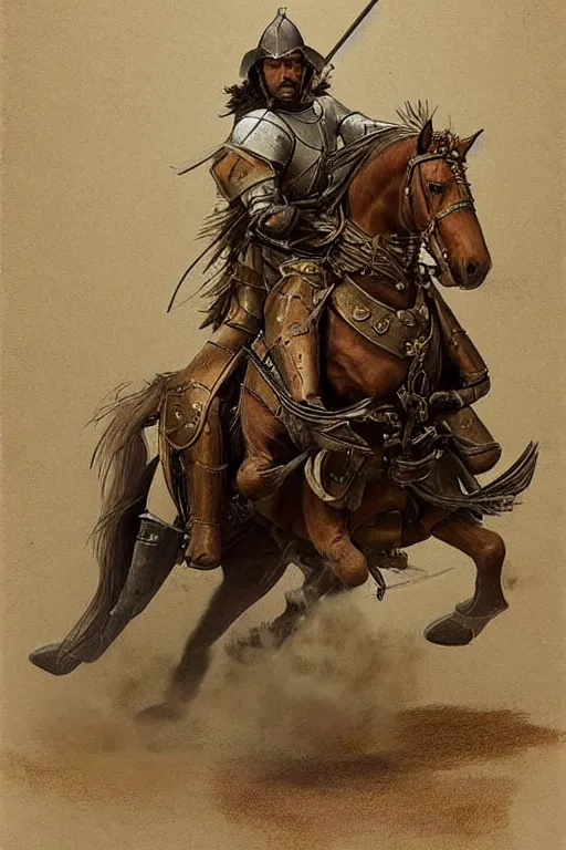 Image similar to ( ( ( ( ( ( ( a knight riding a horse with wagon wheels ) ) ) ) ) ) ) by chris mcgrath and greg rutowski and wlop!!!!!!!!!!!!!! muted colors, detailed