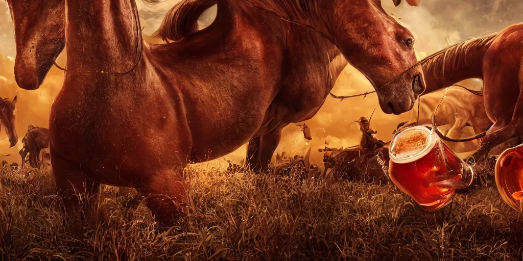 Image similar to red horse beer, advertisement, realistic 4 k octane beautifully detailed render, 4 k post - processing, highly detailed, intricate complexity, epic composition, magical atmosphere, cinematic lighting, masterpiece, ultra hd