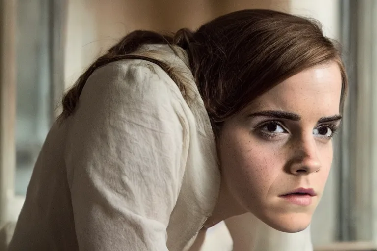 Prompt: promotional image of Emma Watson in Interstellar (2014 film), detailed face, movie still, promotional image, imax 70 mm footage