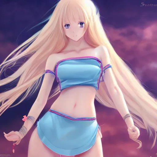 Image similar to a very beautiful young anime princess girl, full body, long wavy blond hair, sky blue eyes, full round face,, bikini, miniskirt, front view, mid - shot, highly detailed, cinematic wallpaper by stanley artgerm lau
