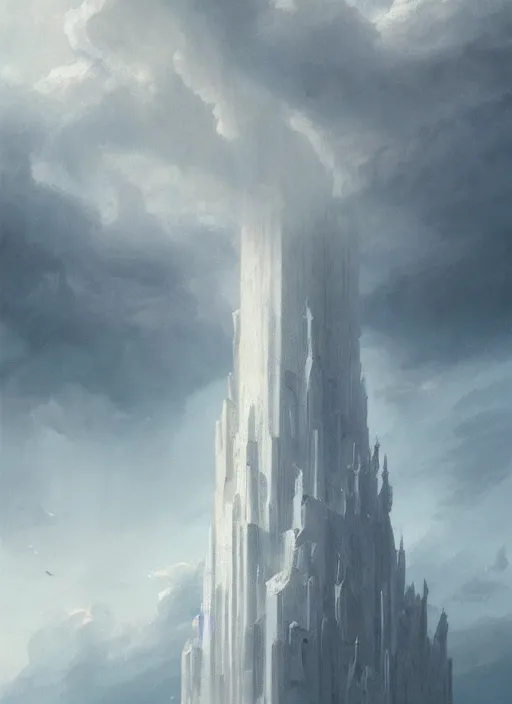 Prompt: Painting of a massive tower made out of marble reaching reaching the clouds, magical energy, surrounded by mist, detailed, by Greg Rutkowski, trending on artstation