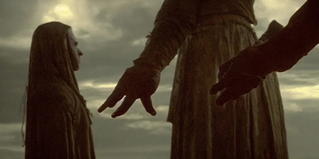 Prompt: film still of closeup a one knight stands on knee with a bloody heart in his outstretched hand by emmanuel lubezki