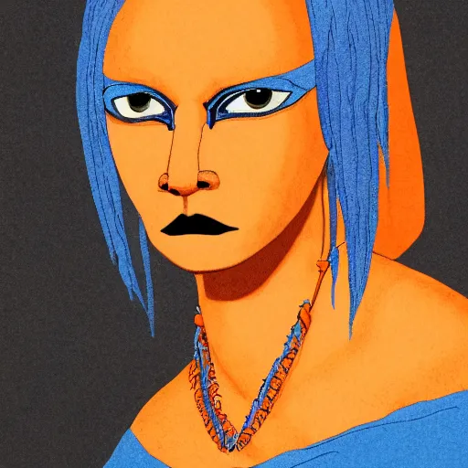 Image similar to illustrated portrait of skinny prominently ram-horned woman with solid black eyes orange skin and blue hair wearing leather armor, hyper detailed, photorealistic