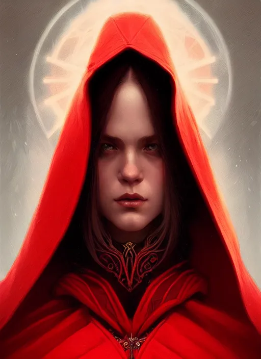 Image similar to symmetry!! portrait of a red hooded wizard, fantasy, intricate, elegant, highly detailed, digital painting, artstation, concept art, smooth, sharp focus, illustration, art by artgerm and greg rutkowski and alphonse mucha