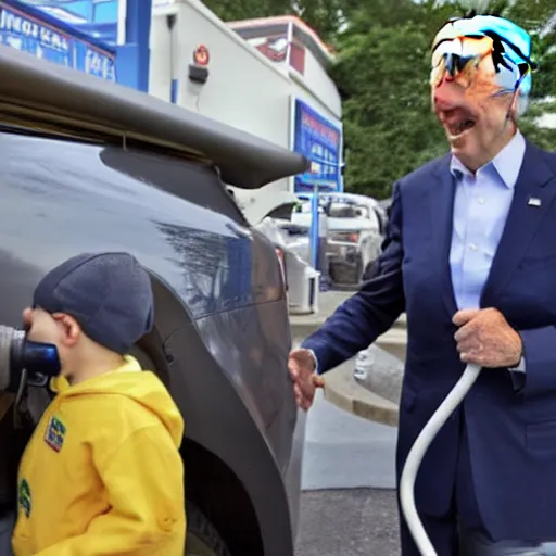 Image similar to joe biden at the gas station pumping gas into his mouth