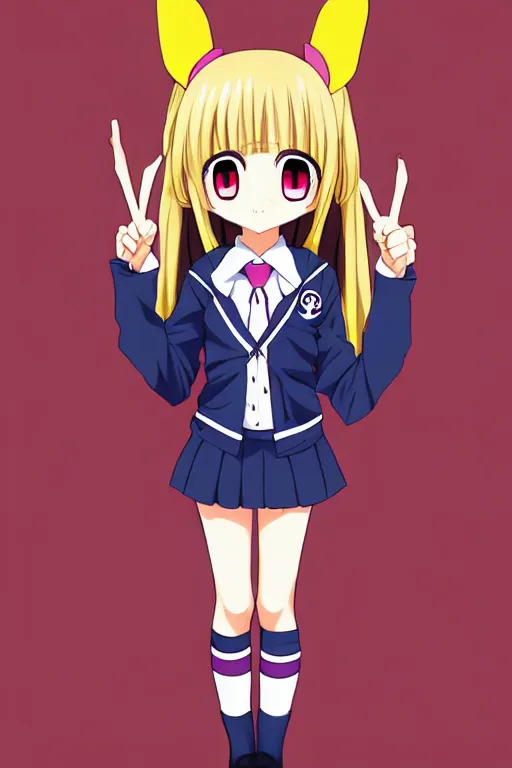 Prompt: full body anime portrait of a cute girl round eyes long hair dressed in a school uniform inside the school horns protruding on her head, peace sign, stunning, highly detailed, anatomically correct