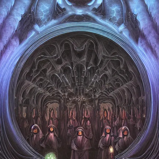 Image similar to a dark cabal of hooded mystics in long robes gathered in a circular formation around a highly advanced machine processing the spirit of a dying man, dan seagrave art, michael whelan