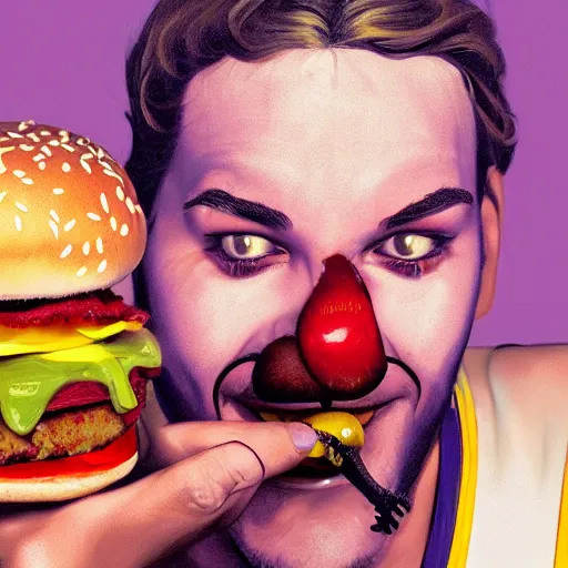 Prompt: portrait photography of Kevin Durant in clown makeup eating a giant hamburger, extra ketchup and mustard with overflowing bacon lettuce and tomato, cinematic lighting, highly detailed, feminine ethereal, D&D, hearthstone, digital painting, artstation, concept art, smooth, sharp focus, illustration, art by Terry Moore and Greg Rutkowski and Alphonse Mucha