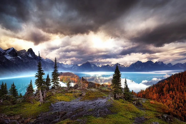 Image similar to landscape photography by marc adamus, mountains, a lake, dramatic lighting, mountains, a tree in the foreground