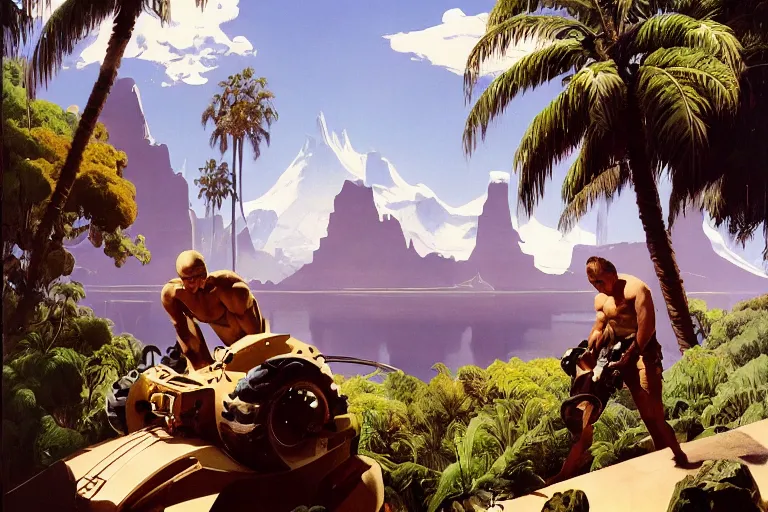 Image similar to natural american landscape | robot repairing another robot | palm trees | snowy mountains, painting by syd mead and weta studio and james jean, frank frazetta, highly detailed, rule of third, soft lighting, 8 k resolution, oil on canvas, architectural magazine, beautiful detailed, insanely intricate details, artstation trending, hypermaximalistic, high details, cinematic