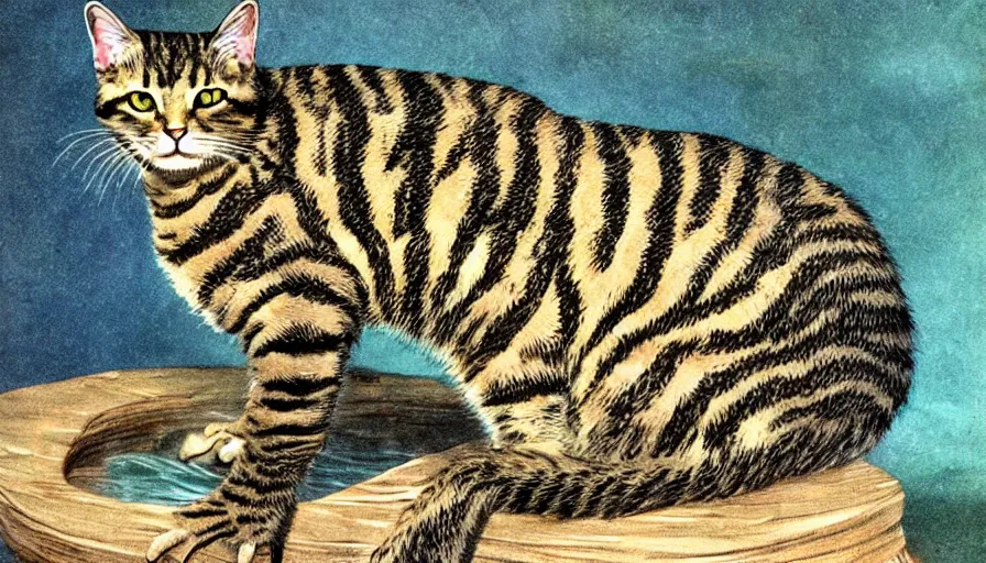 Image similar to bernie wrightson tabby cat morphed with alligator skin swimming pool veterinary diagram optical illusion