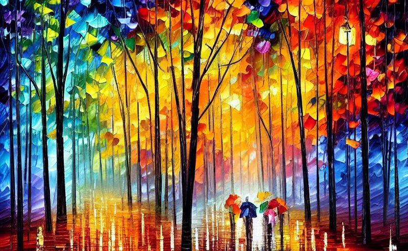 Prompt: psychedelic candy!!!!!!! forest in the rain by leoni afremov, oil painting!!!, intricate details!!!!, fine brush!!!!!!