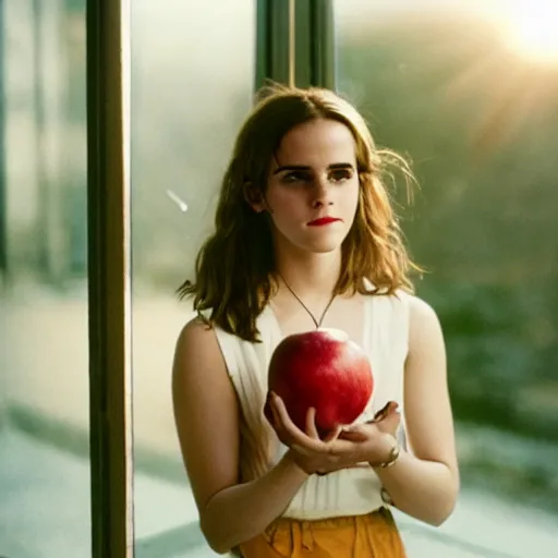 Prompt: Photograph of Emma Watson holding a red apple by the window. Golden hour, dramatic lighting. Medium shot. CineStill