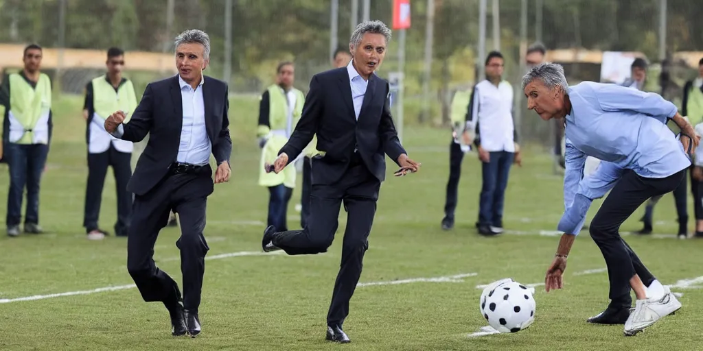 Mauricio Macri playing football with judges | Stable Diffusion | OpenArt