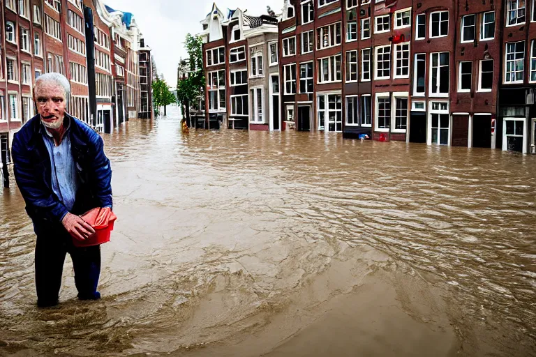 Image similar to closeup potrait of a man with a bucket of water in a flood in Amsterdam, photograph, natural light, sharp, detailed face, magazine, press, photo, Steve McCurry, David Lazar, Canon, Nikon, focus