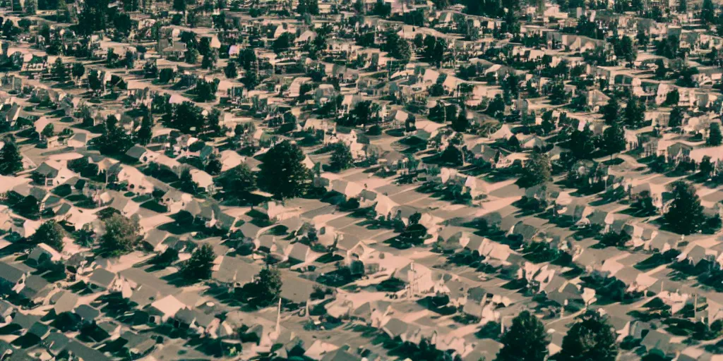 Image similar to suburbs, film still from the truman show, crane shot from above