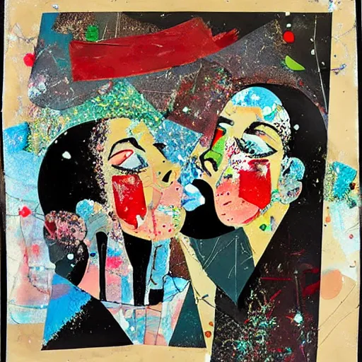 Image similar to two women kissing at a carnival in winter, mixed media collage, retro, paper collage, magazine collage, acrylic paint splatters, bauhaus, claymation, layered paper art, sapphic visual poetry expressing the utmost of desires by jackson pollock