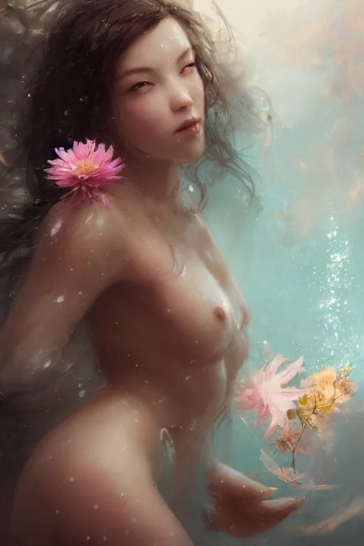 Image similar to face closeup a young beautiful girl nymph drowned in water, underwater photography, 3 d render, hyper realistic detailed portrait, holding magic flowers, ruan jia, wlop. scifi, fantasy, hyper detailed, octane render, concept art, by peter mohrbacher, by wlop, by ruan jia