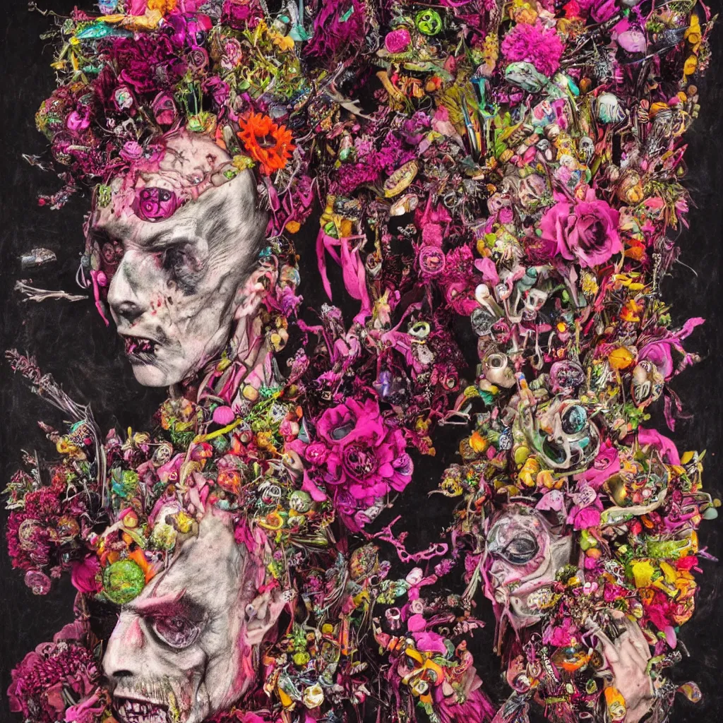 Prompt: a portrait of a zombie punk dude, magenta mohawk, head made out of fruit and flowers, crystals and glitter, David Bowie, Baroque, art by Arcimboldo, art by Fragonard, psychedelic, neon pink background