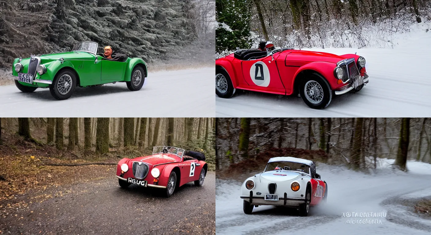 Prompt: a 1 9 5 8 mg a twin cam roadster, racing through a rally stage in a snowy forest
