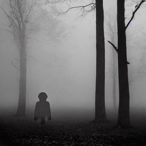 Image similar to old black and white photo of a giant humanoid figure floating in the distance, foggy, surreal, creepy, horror, scary,