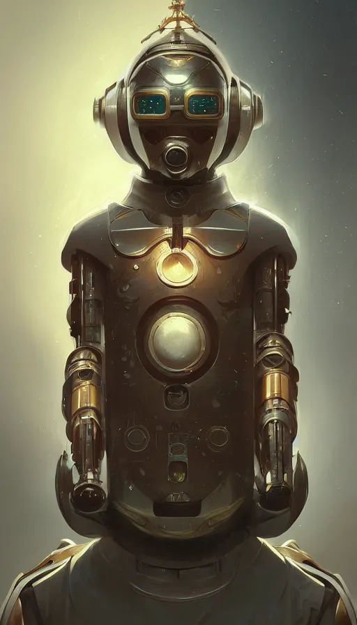 Image similar to Character design of a robot scifi religious monk with helmet, symmetrical, center punched, elegant, intricate, digital painting, artstation, concept art, smooth, sharp focus, illustration, art by artgerm and greg rutkowski and alphonse mucha