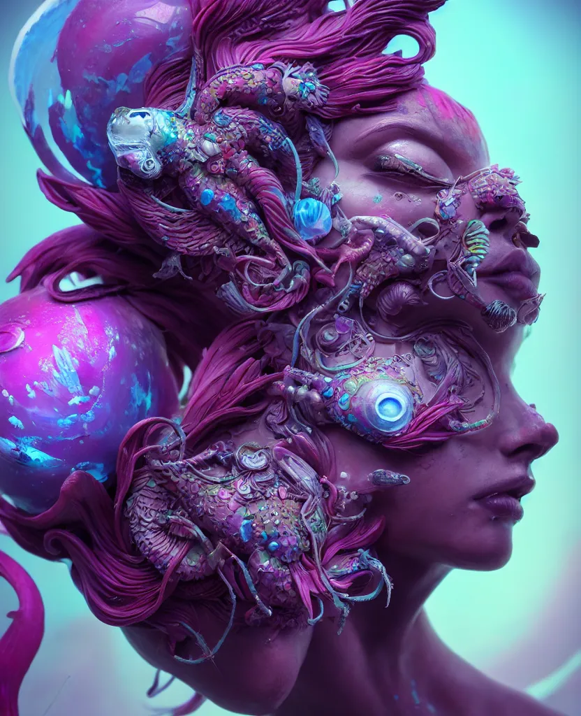 Image similar to goddess full color painted acryllic sculpture close-up portrait. orchid bird phoenix head, nautilus, skull, betta fish, bioluminiscent creatures, intricate artwork by Tooth Wu and wlop and beeple. octane render, trending on artstation, greg rutkowski very coherent symmetrical artwork. cinematic, hyper realism, high detail, octane render, 8k