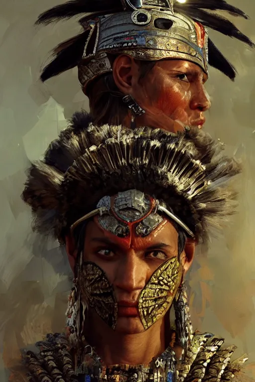 Image similar to aztec warrior, close - up portrait, fierce, intricate, elegant, volumetric lighting, scenery, digital painting, highly detailed, artstation, sharp focus, illustration, concept art, ruan jia, steve mccurry