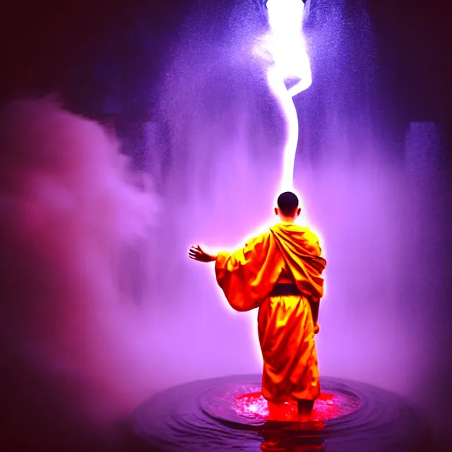 Image similar to cyber monk water dance supreme water fist, detailed animal form water, fighting stance energy, shibuya prefecture, cinematic neon uplighting, fog mist smoke, photorealistic, night photography by tomino - sama