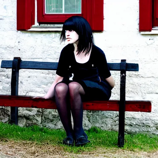 Image similar to emo goth girl sitting on a bench in front of a British house on a hot day, 2006, black hair