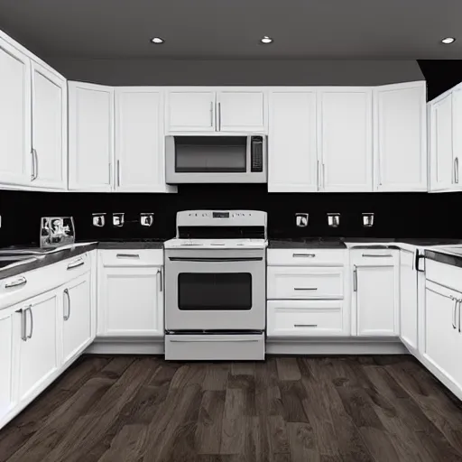 Prompt: basic kitchen, with white cabinets and a dark gray hardwood floor with marble countertops and black kitchen appliances, realistic photo, high, definition, studio quality