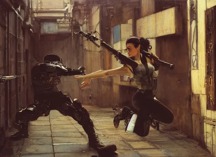 Prompt: Maria evades pvt griggs. Cyberpunk hacker escaping Cyberpunk corporate security. (police state, Cyberpunk 2077, blade runner 2049). Iranian orientalist portrait by john william waterhouse and Edwin Longsden Long and Theodore Ralli and Nasreddine Dinet, oil on canvas. Cinematic, hyper realism, high detail 4k