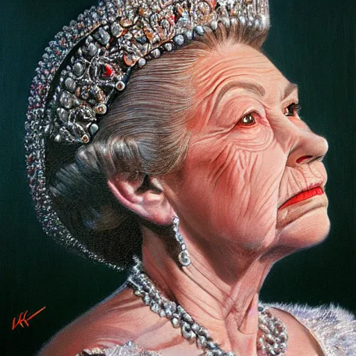Prompt: ultra - realistic head and shoulders portrait painting of the queen. art by ken kelly. 4 k. ultra - realistic. highly detailed. epic lighting