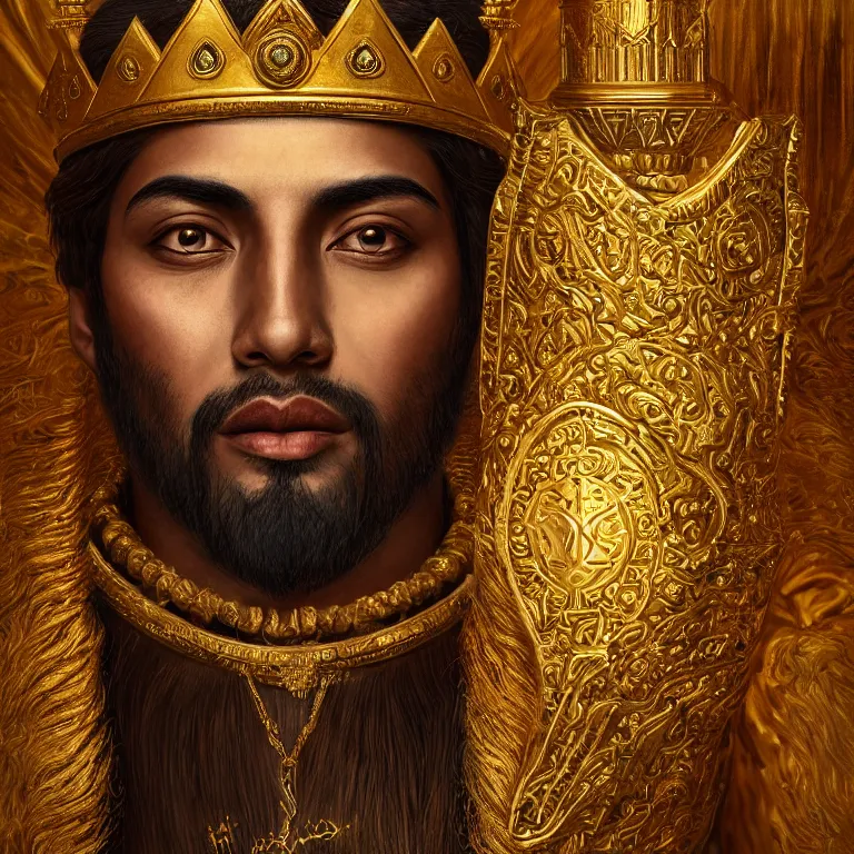 Image similar to highly detailed portrait of agharta ´ s king brightening on gold majestic in the entrance kingdom of agharta, land of advanced races, giant, hollow earth infographic, hiperrealistc, global illumination, radiant light, detailed and intricate environment, trending on artstation, art by oleg oprisco, 8 k