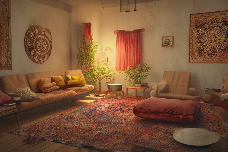 Image similar to a beautiful 7 0 s hippie pad, ornate waterpipes, lava lamps, ambient light, persian carpets, pillows, realistic, highly detailed, unreal engine, octane render,