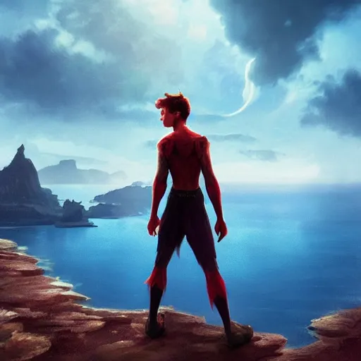 Prompt: Tom Holland as peter pan,looking iver the horizon,river in front of him,detailed, 8k hd,by rossdraws and greg rutkowski,in the style of a Instagram profile picture