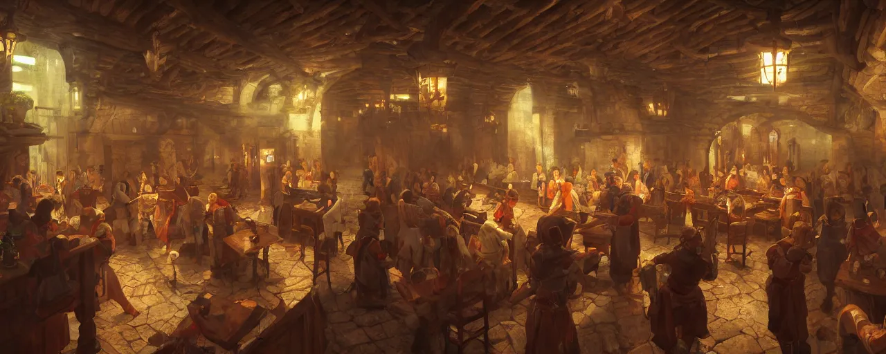 Prompt: inside of a medieval era tavern with dancers, vaporwave aesthetics, 8 k uhd, unreal engine, octane render in the artstyle of finnian macmanus, john park and greg rutkowski