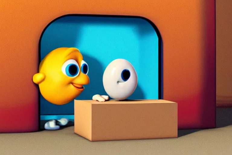 Image similar to an anthropomorphic jelly bean, moving a box, pixar