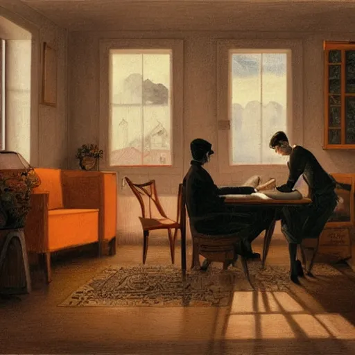 Image similar to A beautiful drawing of a man and a woman sitting in a room. The woman is reading a book while the man is writing at a desk. The light from the window illuminates the room and the couple. The couple is surrounded by a few items in the room, including a globe and a few potted plants. fluorescent orange by Albert Lynch, by Shinji Aramaki, by Quint Buchholz distorted, rigorous