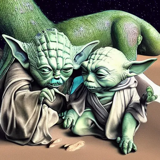 Prompt: a civilization of members of Yoda's species interacting with eachother on their home planet, award winning national geographic photo