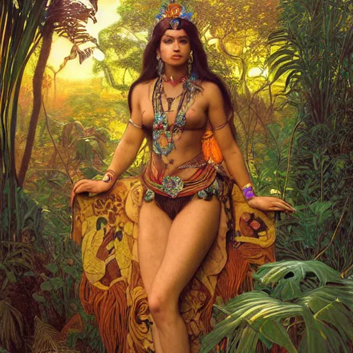 Prompt: portrait of a beautiful alluring female aztec queen in a dense jungle at sunset, detailed, centered, digital painting, artstation, concept art, donato giancola, Dante Gabriel Rossetti, alphonse mucha, Joseph Farquharson, Joseph Christian Leyendecker, WLOP, Boris Vallejo, Breathtaking, 8k resolution, extremely detailed, beautiful, establishing shot, artistic, hyperrealistic, beautiful face, octane render