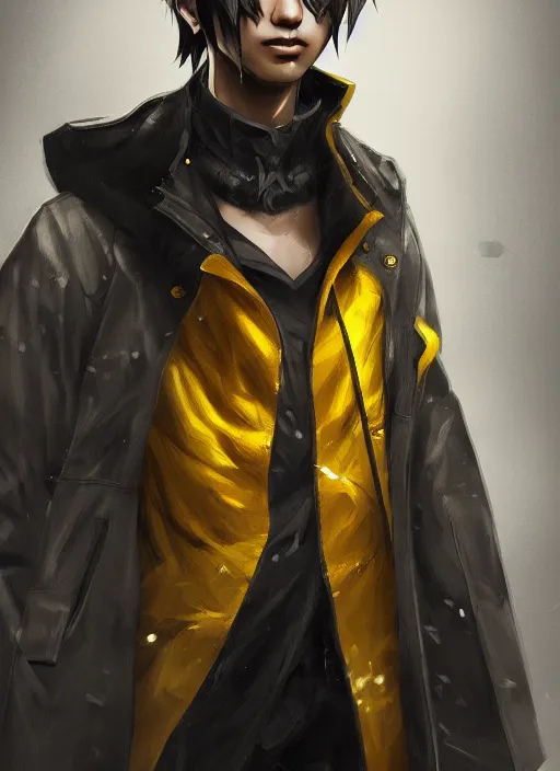 Prompt: a highly detailed illustration of young attractive japanese guy wearing black detective coat, yellow eyes, dramatic standing pose, hyperdetailed perfect face, intricate, elegant, highly detailed, centered, digital painting, artstation, concept art, smooth, sharp focus, league of legends concept art, wlop.