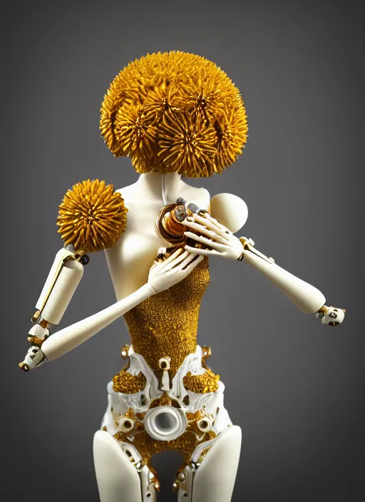 Image similar to mannequin carrying perfume bottle, biomechanical gold corals daisies rhizomorphs in an ivory room well contoured smooth fair walls, up close shot, sharp focus, global illumination, radiant light, alexandre ferra white mecha, irakli nadar, octane highly render, 4 k, ultra hd,