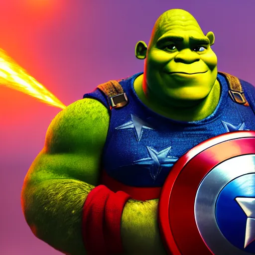 Image similar to digital painting of Shrek as Captain America, octane render, volumetric lightening, by marvel