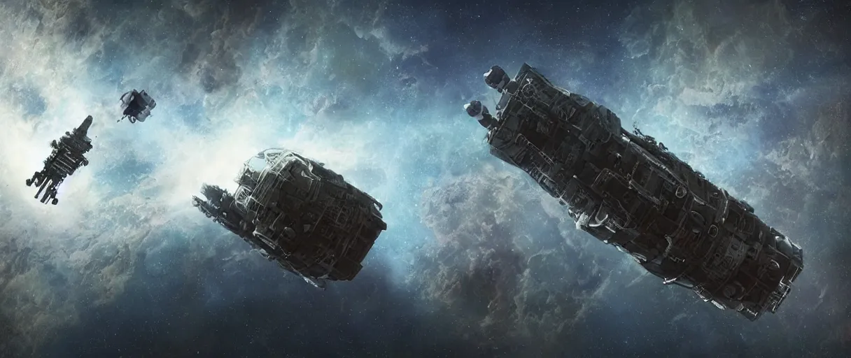 Prompt: tiny spaceship, deep space exploration!!!, flying, the expanse tv series, industrial design, the final frontier, illustrative!!, punk!!!, space pirate, hyperdetailed, hyperrealistic, utilitarian cargo ship, underexposed, cinematic lighting, 4k, wide angle, beksinski