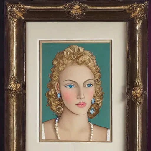 Image similar to ornate by cyril pontet flax. illustration. a beatiful portrait of a young woman, pictured from the shoulders up, wearing a pearl necklace & earrings. she has blonde hair that is styled in loose curls, & she is looking to the side with a soft expression.